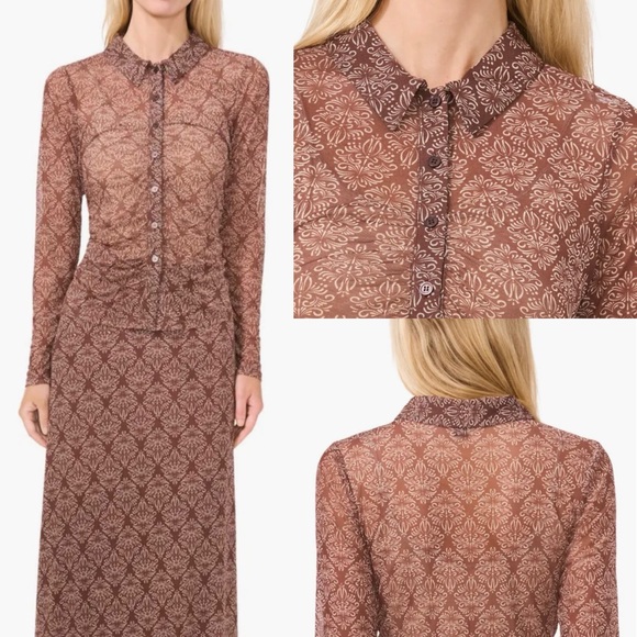 Halogen Tops - Halogen Patterned Sheer Long Sleeve Top